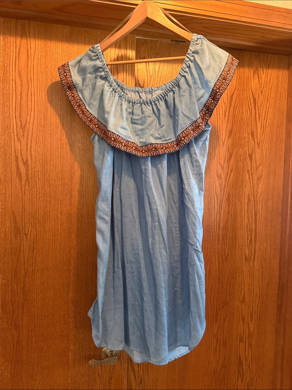 Wrangler Light Blue Off-Shoulder Midi Dress with Brown Embroidered Trim